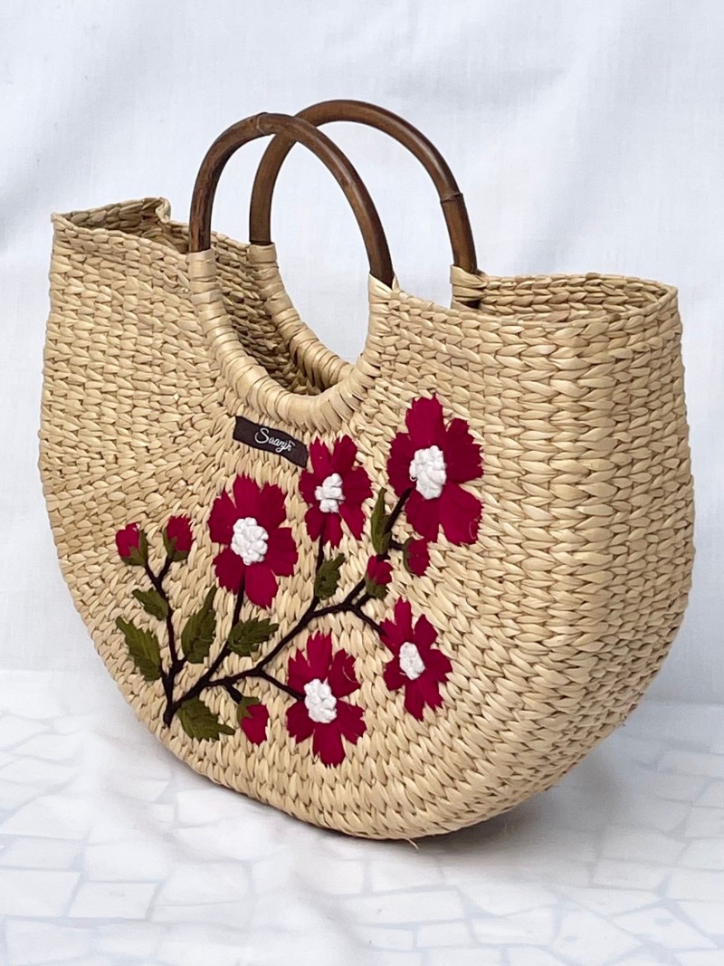 Saanjh Dark Red Kauna Handwoven Embroidered Handbag