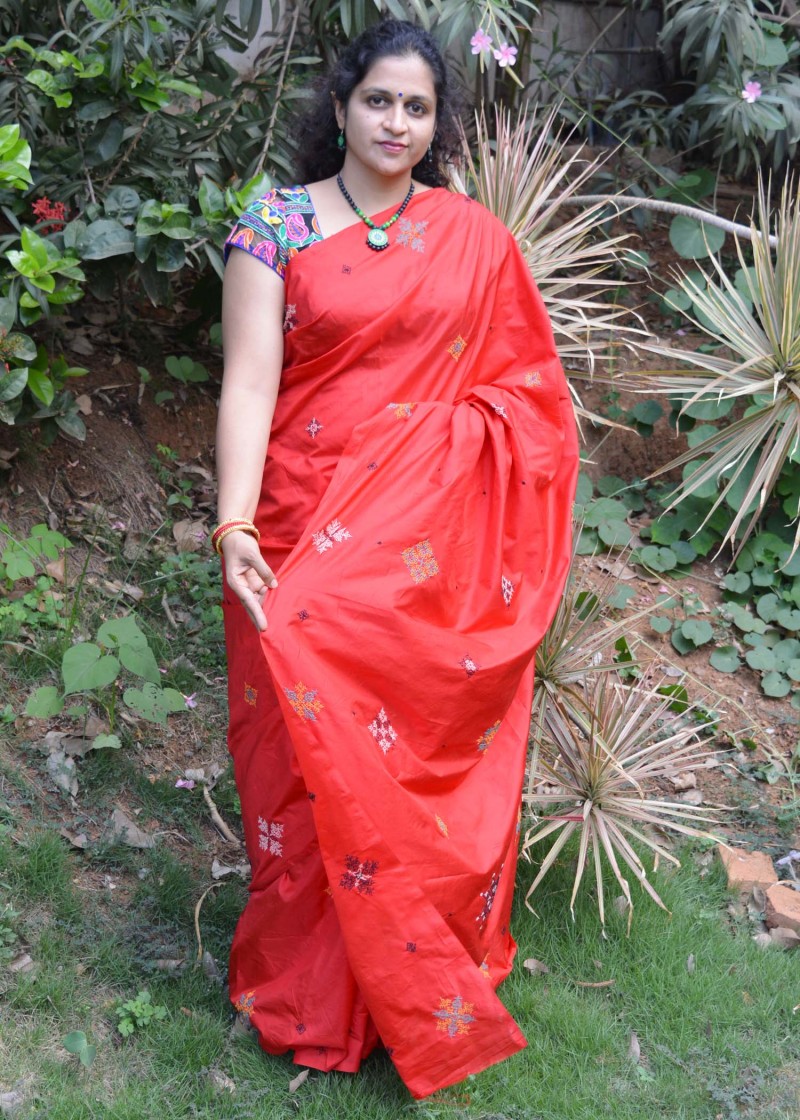 Red silk saree with Kasuti